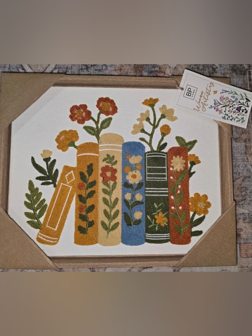 BP Home Woven Artistry Stack of Books and Flowers Embroidered Wall Art Wall Art